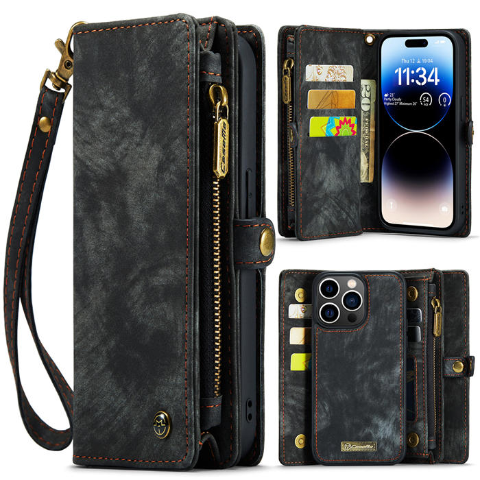 CaseMe iPhone 14 Pro Zipper Wallet Magnetic Detachable 2 in 1 Case with Wrist Strap