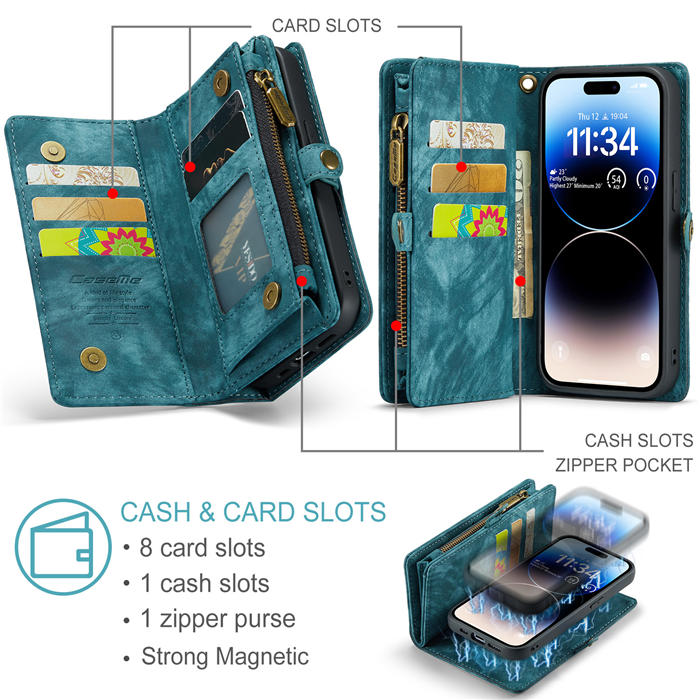 CaseMe iPhone 14 Pro Zipper Wallet Magnetic Detachable 2 in 1 Case with Wrist Strap