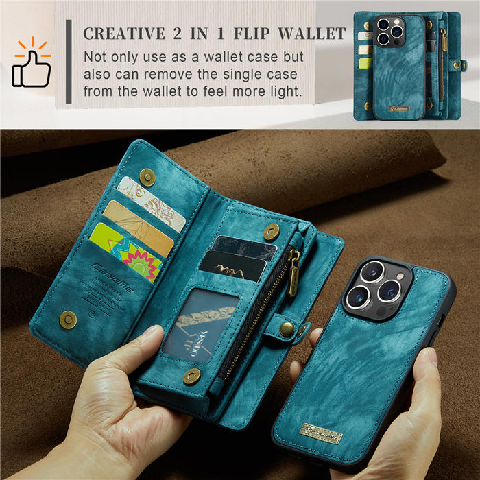 CaseMe iPhone 14 Pro Zipper Wallet Magnetic Detachable 2 in 1 Case with Wrist Strap