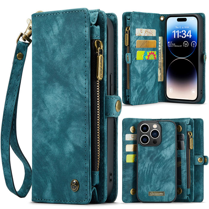 CaseMe iPhone 14 Pro Zipper Wallet Magnetic Detachable 2 in 1 Case with Wrist Strap