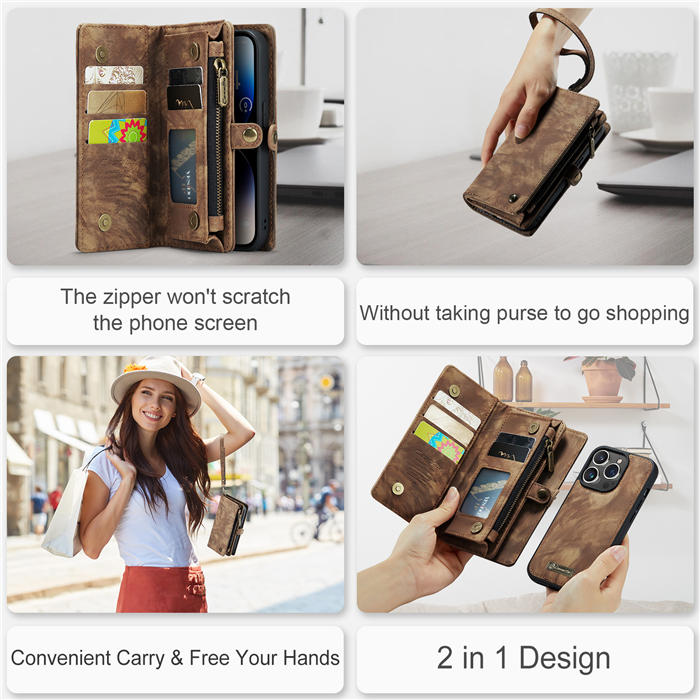 CaseMe iPhone 14 Pro Zipper Wallet Magnetic Detachable 2 in 1 Case with Wrist Strap