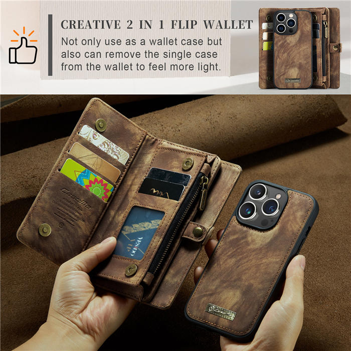 CaseMe iPhone 14 Pro Zipper Wallet Magnetic Detachable 2 in 1 Case with Wrist Strap