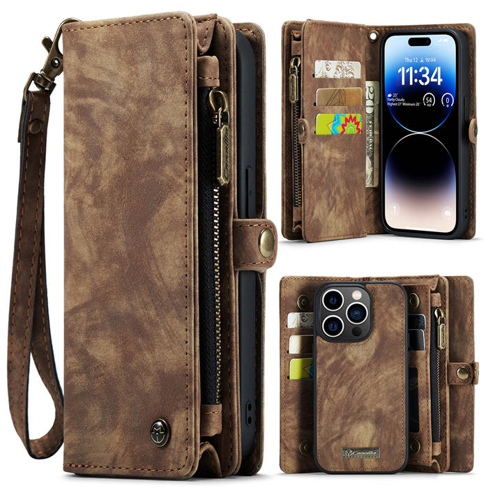 CaseMe iPhone 14 Pro Zipper Wallet Magnetic Detachable 2 in 1 Case with Wrist Strap