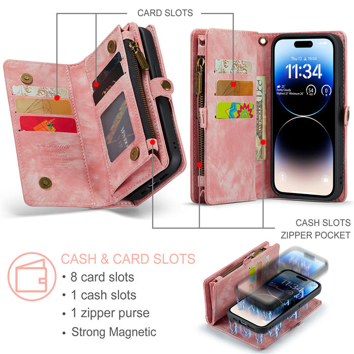 CaseMe iPhone 14 Pro Zipper Wallet Magnetic Detachable 2 in 1 Case with Wrist Strap