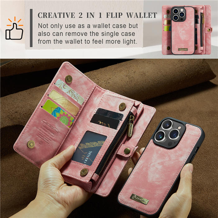 CaseMe iPhone 14 Pro Zipper Wallet Magnetic Detachable 2 in 1 Case with Wrist Strap