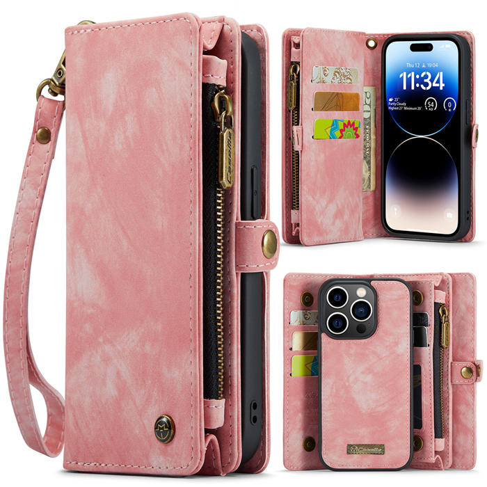 CaseMe iPhone 14 Pro Zipper Wallet Magnetic Detachable 2 in 1 Case with Wrist Strap