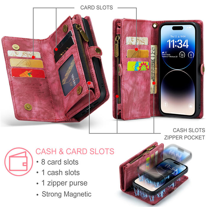 CaseMe iPhone 14 Pro Zipper Wallet Magnetic Detachable 2 in 1 Case with Wrist Strap