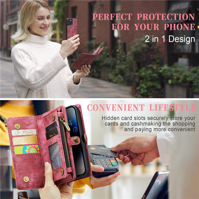 CaseMe iPhone 14 Pro Zipper Wallet Magnetic Detachable 2 in 1 Case with Wrist Strap