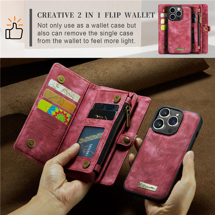 CaseMe iPhone 14 Pro Zipper Wallet Magnetic Detachable 2 in 1 Case with Wrist Strap