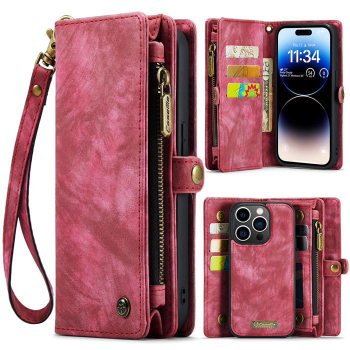 CaseMe iPhone 14 Pro Zipper Wallet Magnetic Detachable 2 in 1 Case with Wrist Strap