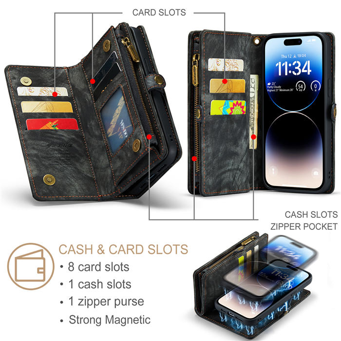 CaseMe iPhone 14 Pro Max Zipper Wallet Magnetic Detachable 2 in 1 Case with Wrist Strap