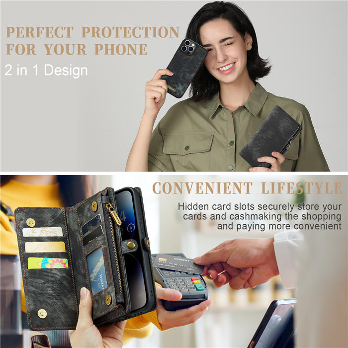 CaseMe iPhone 14 Pro Max Zipper Wallet Magnetic Detachable 2 in 1 Case with Wrist Strap