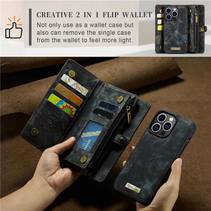 CaseMe iPhone 14 Pro Max Zipper Wallet Magnetic Detachable 2 in 1 Case with Wrist Strap