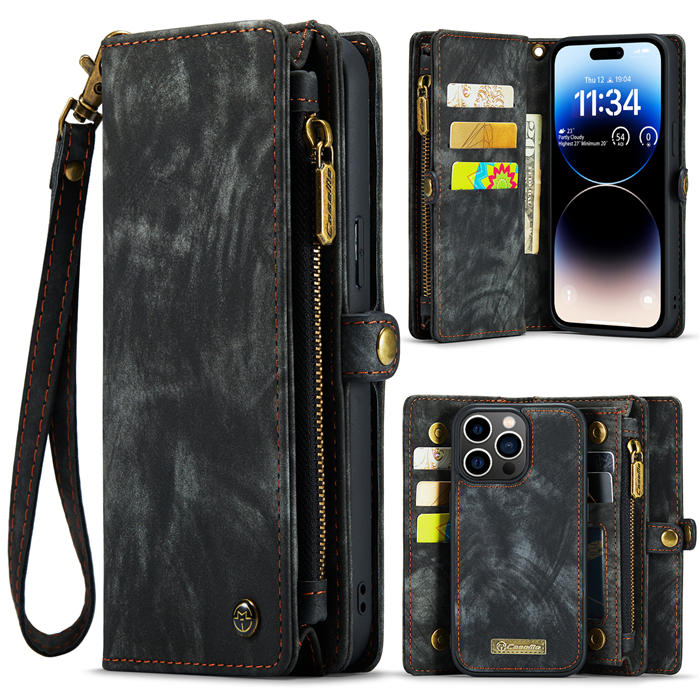 CaseMe iPhone 14 Pro Max Zipper Wallet Magnetic Detachable 2 in 1 Case with Wrist Strap