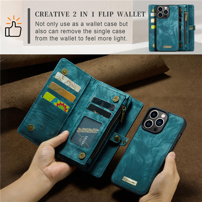 CaseMe iPhone 14 Pro Max Zipper Wallet Magnetic Detachable 2 in 1 Case with Wrist Strap