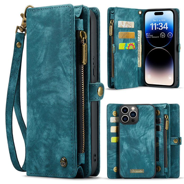 CaseMe iPhone 14 Pro Max Zipper Wallet Magnetic Detachable 2 in 1 Case with Wrist Strap