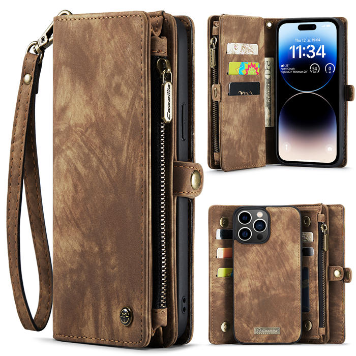 CaseMe iPhone 14 Pro Max Zipper Wallet Magnetic Detachable 2 in 1 Case with Wrist Strap