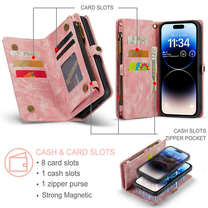 CaseMe iPhone 14 Pro Max Zipper Wallet Magnetic Detachable 2 in 1 Case with Wrist Strap