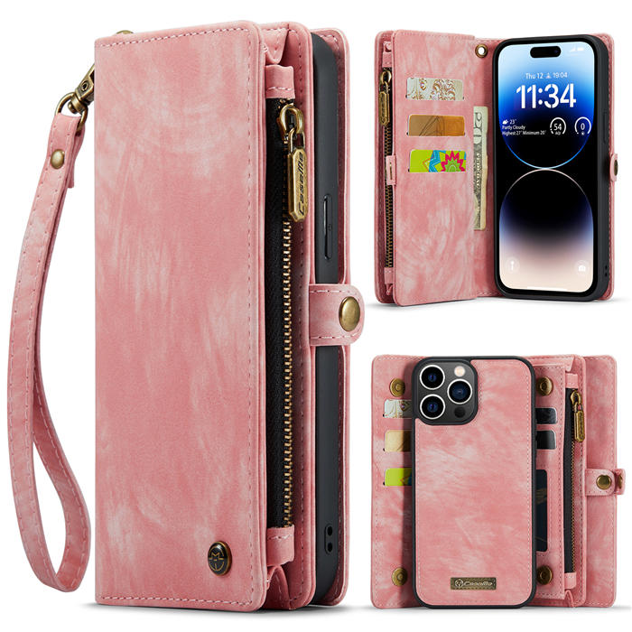 CaseMe iPhone 14 Pro Max Zipper Wallet Magnetic Detachable 2 in 1 Case with Wrist Strap