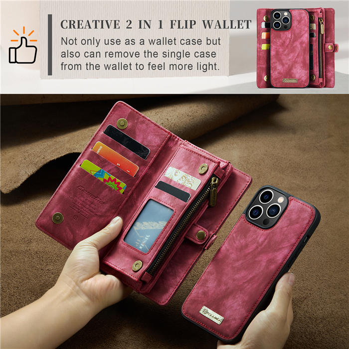 CaseMe iPhone 14 Pro Max Zipper Wallet Magnetic Detachable 2 in 1 Case with Wrist Strap