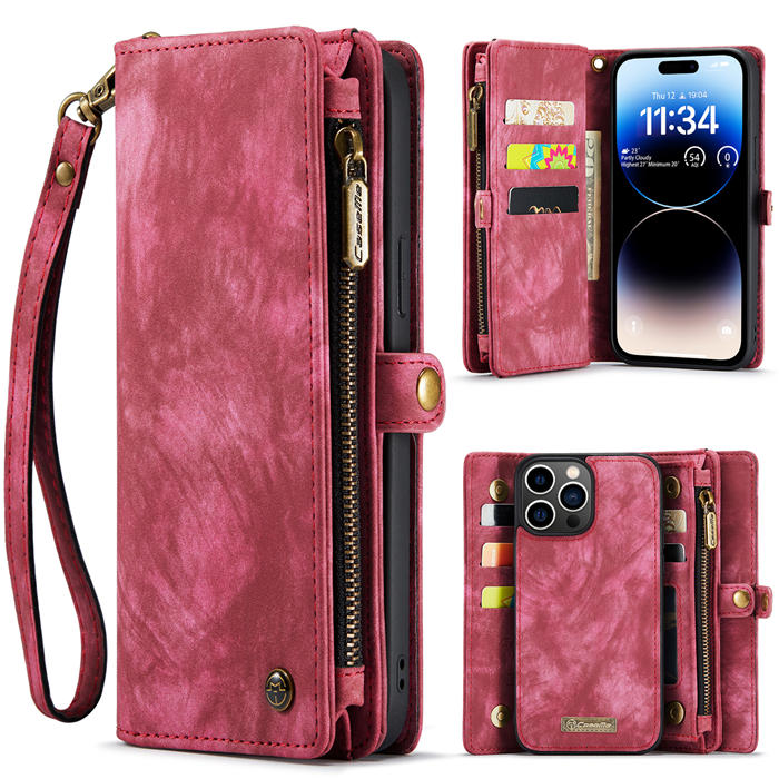 CaseMe iPhone 14 Pro Max Zipper Wallet Magnetic Detachable 2 in 1 Case with Wrist Strap