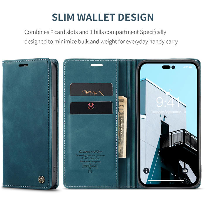 CaseMe iPhone 14 Pro Max Wallet Kickstand Magnetic Case Blue