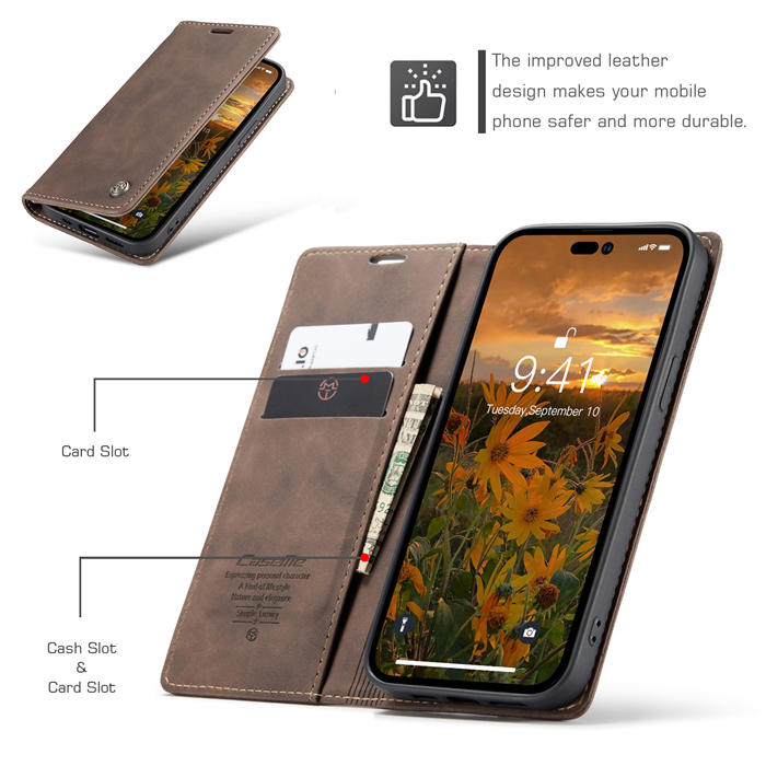 CaseMe iPhone 14 Pro Max Wallet Kickstand Magnetic Case Coffee
