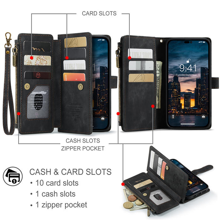 CaseMe iPhone 14 Pro Max Wallet Magnetic Case with Wrist Strap Black