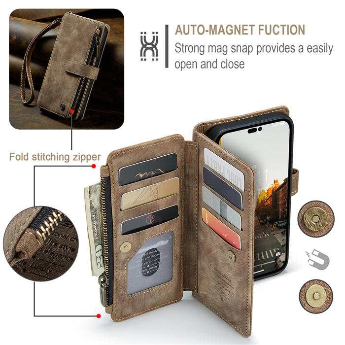 CaseMe iPhone 14 Pro Max Wallet Magnetic Case with Wrist Strap Coffee