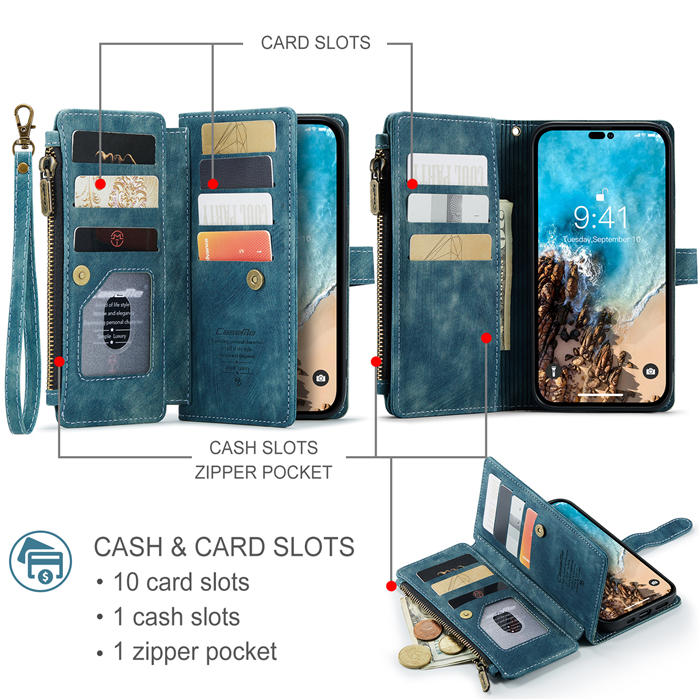 CaseMe Zipper Wallet Kickstand Phone Case with Wrist Strap