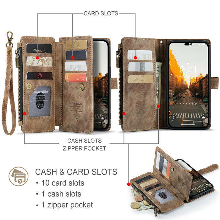 CaseMe Zipper Wallet Kickstand Phone Case with Wrist Strap