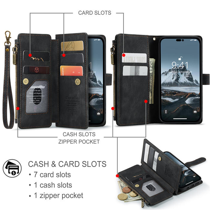 CaseMe iPhone 14 Pro Wallet Magnetic Case with Wrist Strap Black