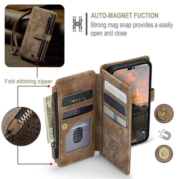 CaseMe iPhone 14 Pro Wallet Magnetic Case with Wrist Strap Coffee