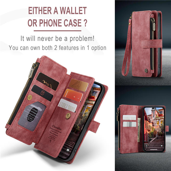 CaseMe iPhone 14 Pro Wallet Magnetic Case with Wrist Strap Red