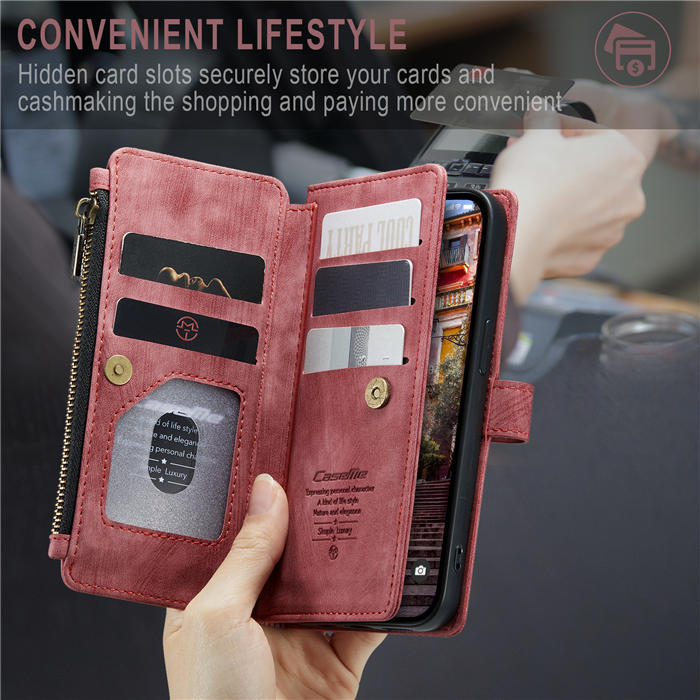 CaseMe iPhone 14 Pro Wallet Magnetic Case with Wrist Strap Red