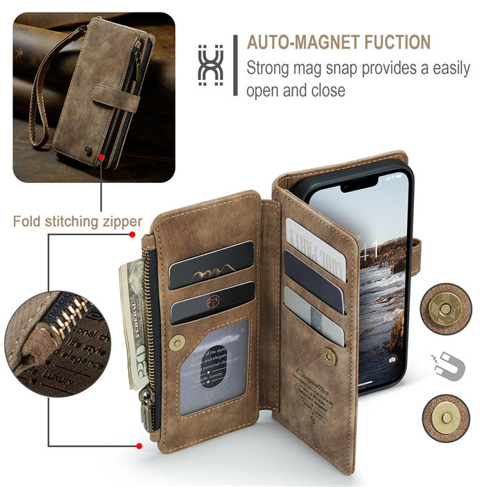 CaseMe iPhone 14 Wallet Magnetic Case with Wrist Strap Coffee
