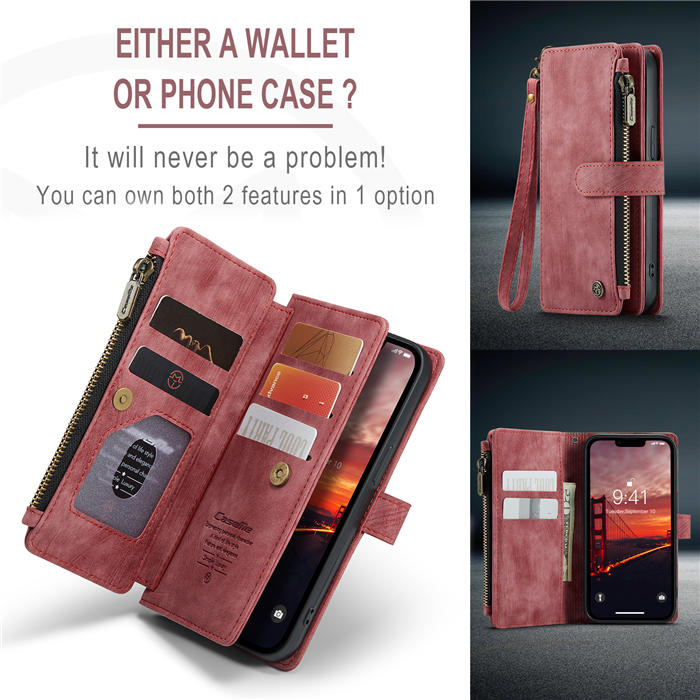 CaseMe iPhone 14 Wallet Magnetic Case with Wrist Strap Red