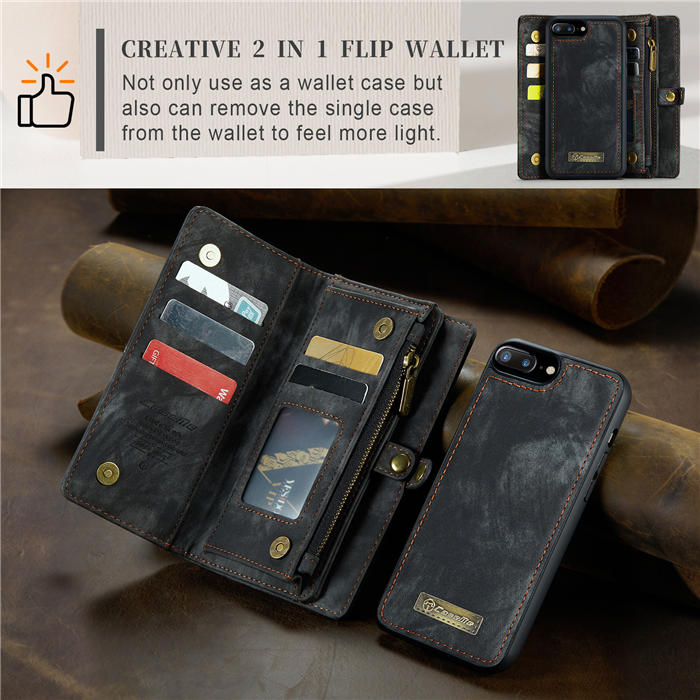 CaseMe iPhone 7 Plus/8 Plus Zipper Wallet Magnetic Detachable 2 in 1 Case with Wrist Strap