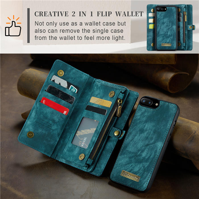 CaseMe iPhone 7 Plus/8 Plus Zipper Wallet Magnetic Detachable 2 in 1 Case with Wrist Strap