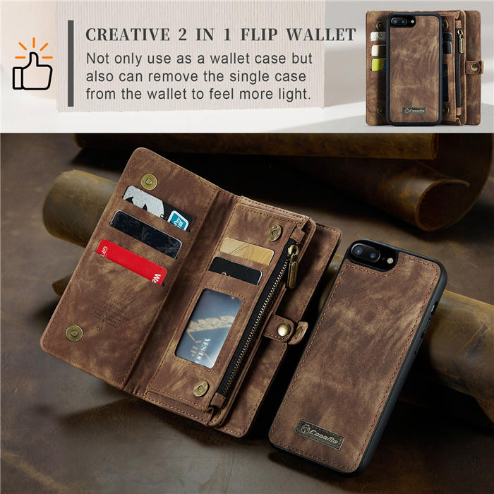 CaseMe iPhone 7 Plus/8 Plus Zipper Wallet Magnetic Detachable 2 in 1 Case with Wrist Strap