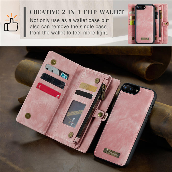 CaseMe iPhone 7 Plus/8 Plus Zipper Wallet Magnetic Detachable 2 in 1 Case with Wrist Strap