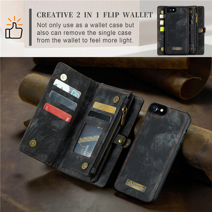 CaseMe iPhone SE 2020/SE 2022 Zipper Wallet Magnetic Detachable 2 in 1 Case with Wrist Strap