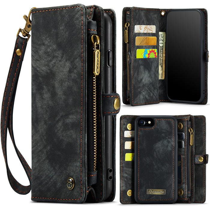 CaseMe iPhone SE 2020/SE 2022 Zipper Wallet Magnetic Detachable 2 in 1 Case with Wrist Strap