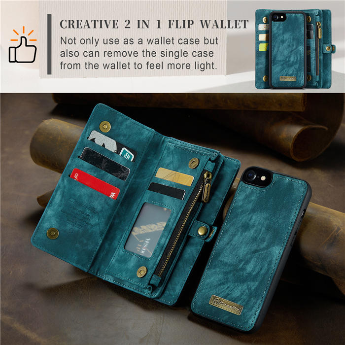 CaseMe iPhone 7/8 Zipper Wallet Magnetic Detachable 2 in 1 Case with Wrist Strap