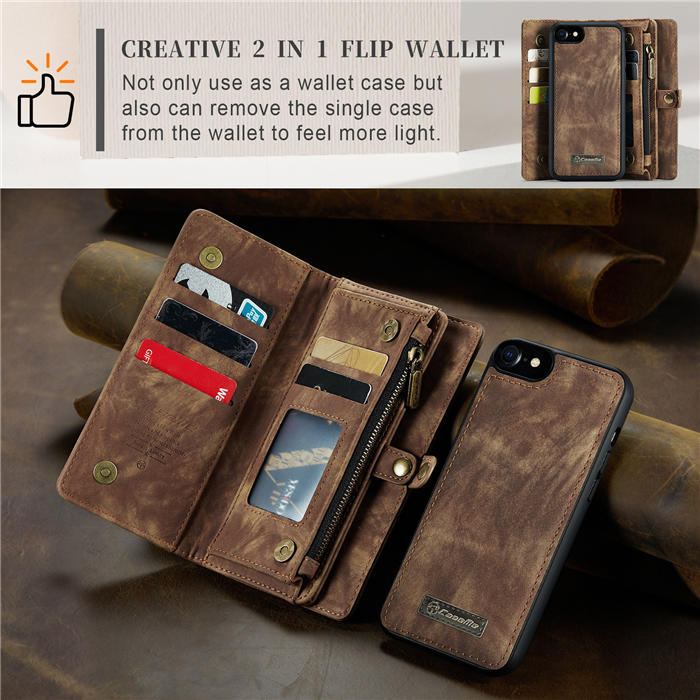 CaseMe iPhone SE 2020/SE 2022 Zipper Wallet Magnetic Detachable 2 in 1 Case with Wrist Strap