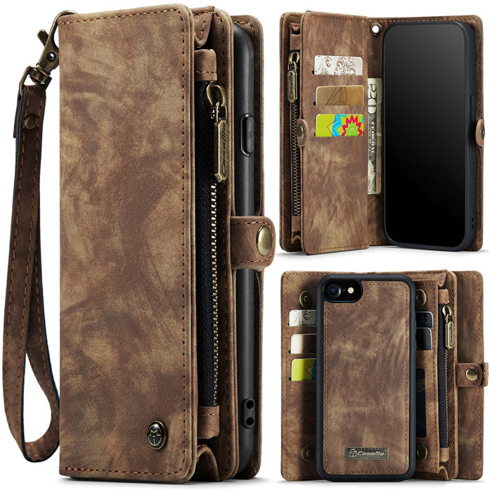 CaseMe iPhone SE 2020/SE 2022 Zipper Wallet Magnetic Detachable 2 in 1 Case with Wrist Strap