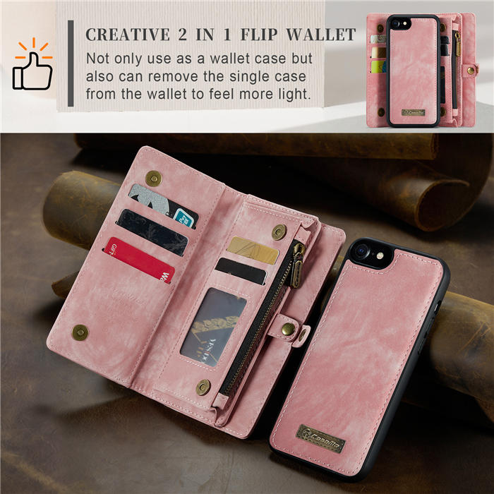 CaseMe iPhone SE 2020/SE 2022 Zipper Wallet Magnetic Detachable 2 in 1 Case with Wrist Strap