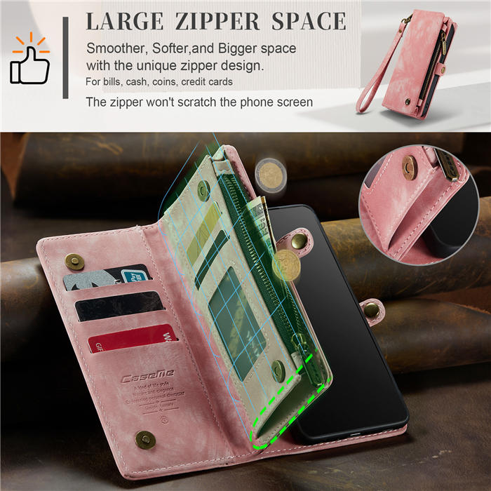 CaseMe iPhone SE 2020/SE 2022 Zipper Wallet Magnetic Detachable 2 in 1 Case with Wrist Strap