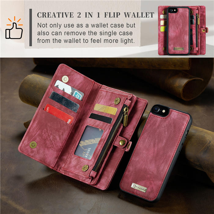 CaseMe iPhone SE 2020/SE 2022 Zipper Wallet Magnetic Detachable 2 in 1 Case with Wrist Strap