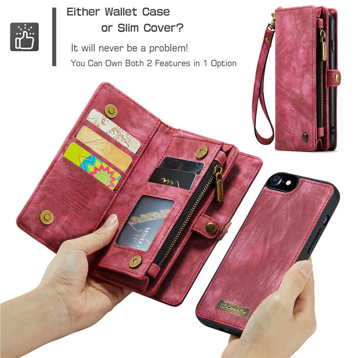 CaseMe iPhone SE 2020/SE 2022 Zipper Wallet Magnetic Detachable 2 in 1 Case with Wrist Strap